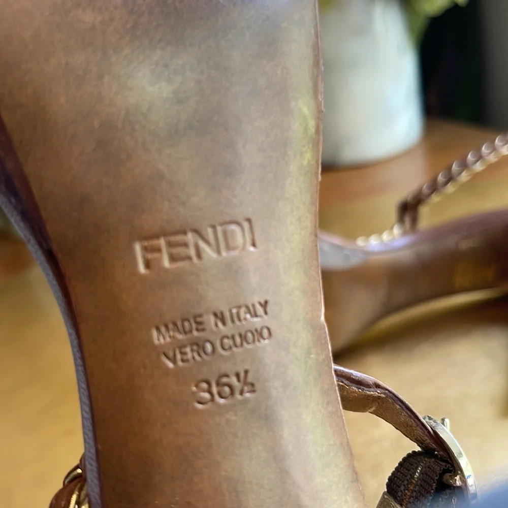 Fendi Strappy Woven Leather Heeled Sandals in Brown and Metallic Gold Leather